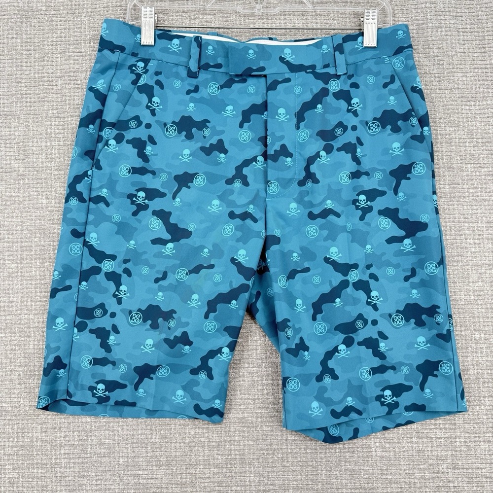 G/Fore Men Chino Shorts 32 Teal Blue Skull Print Flat Front Outdoor Stretch NEW